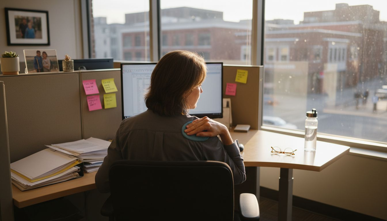 Office worker applying heat for shoulder pain