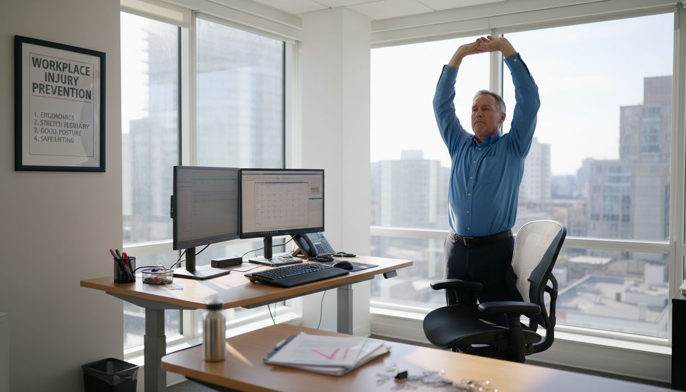 Office worker stretching to prevent injury