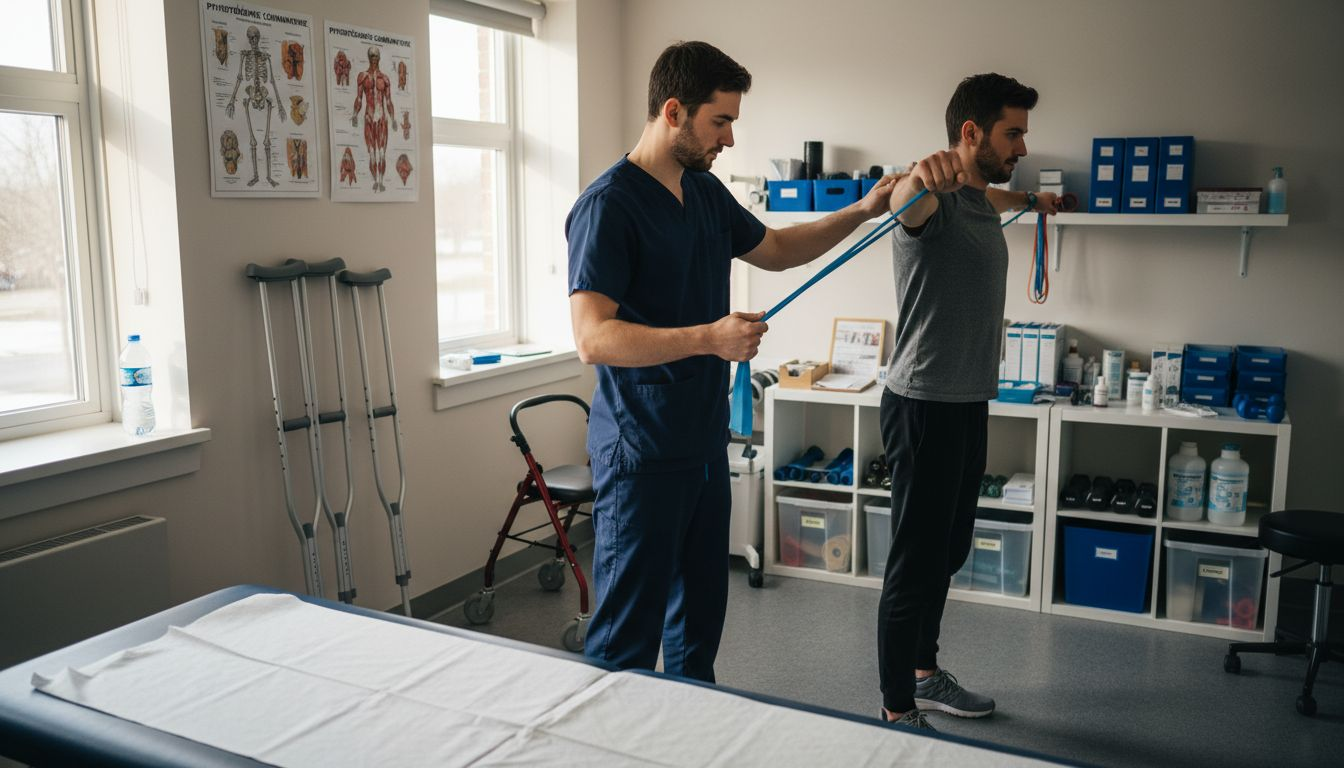 Therapist guiding patient rehab session in clinic
