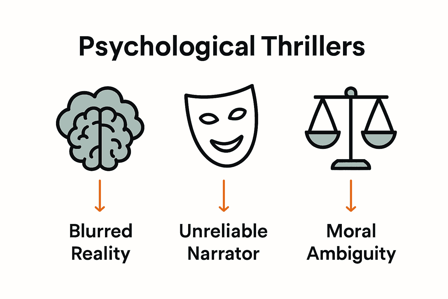 Infographic comparing main psychological thriller themes: blurred reality, unreliable narrator, moral ambiguity.
