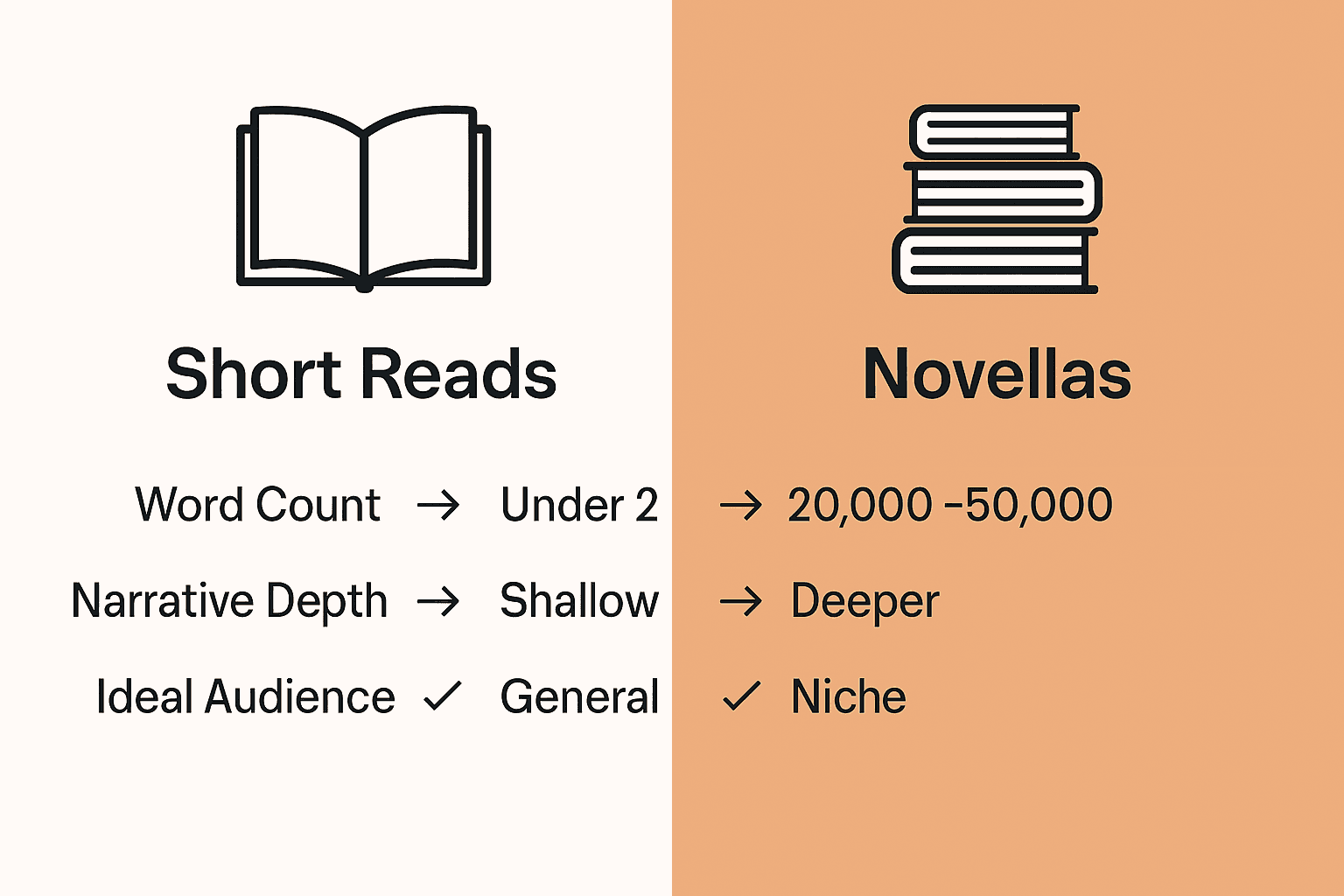 Infographic comparing short reads and novellas with icons and metrics
