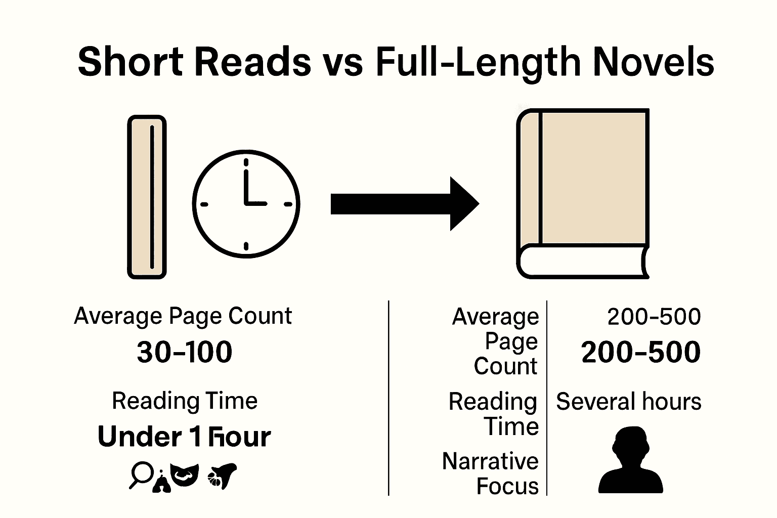 Infographic comparing short reads and full-length novels by page count, reading time, and narrative focus.