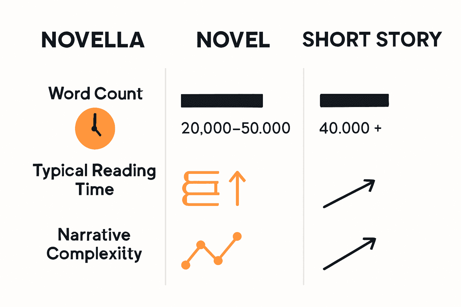 Infographic comparing length, reading time, and complexity of novellas, novels, and short stories