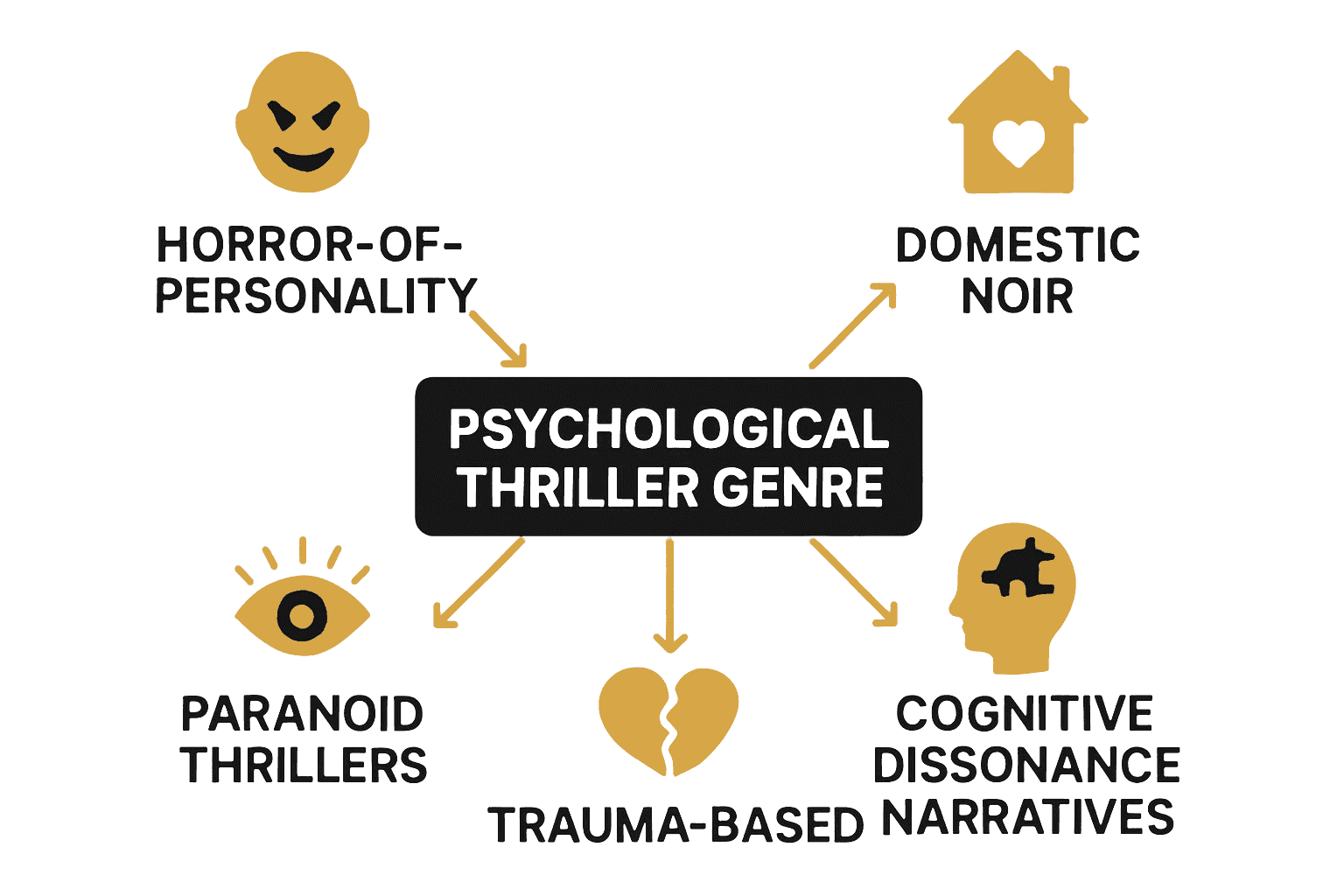 Infographic comparing five subtypes of psychological thrillers with icons and brief descriptors.