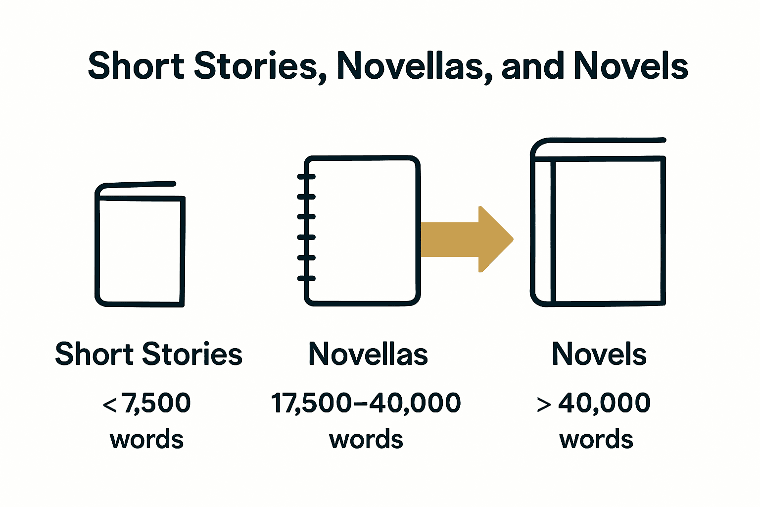 Infographic comparing word count and depth of short stories, novellas, and novels