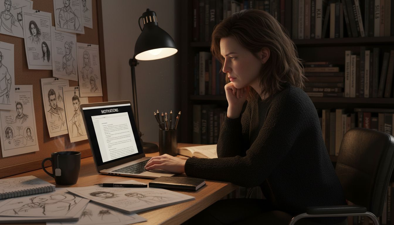 Author developing character personalities at night