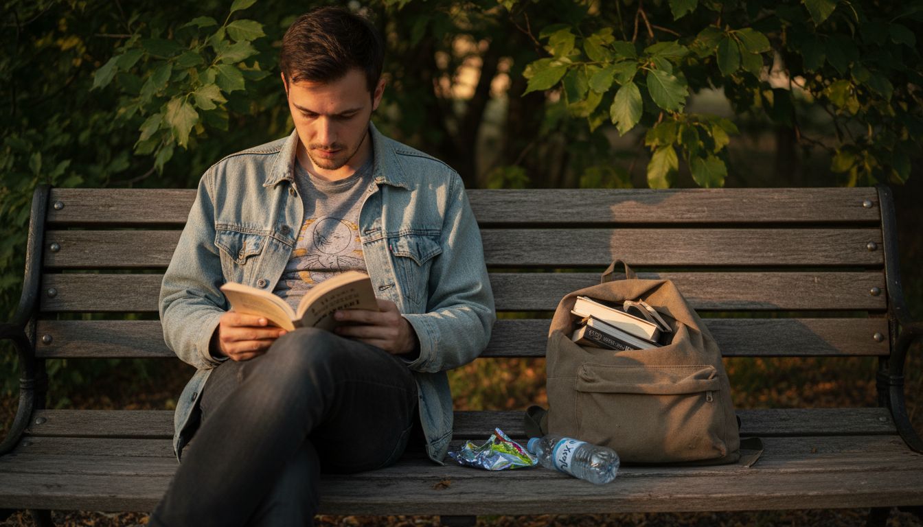 Man reading novella on park bench