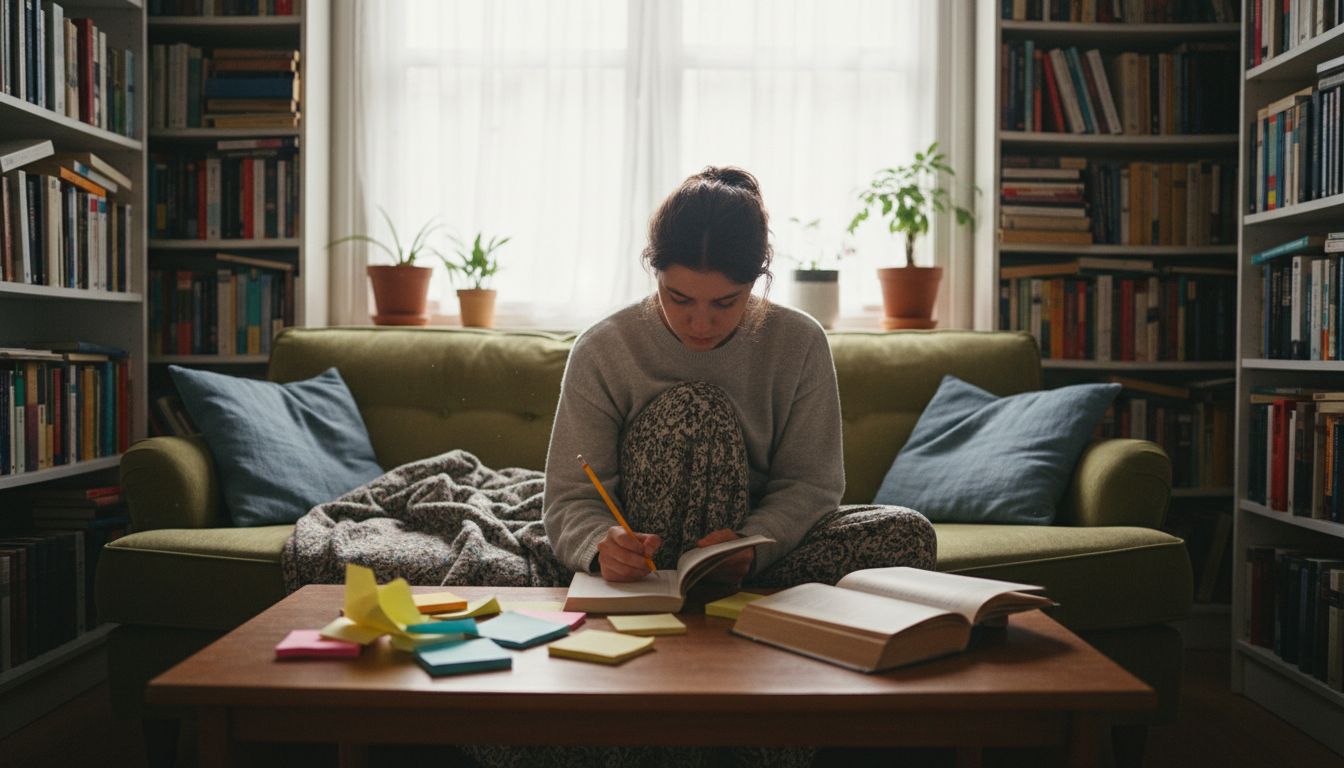 Woman annotating novella in cozy living room