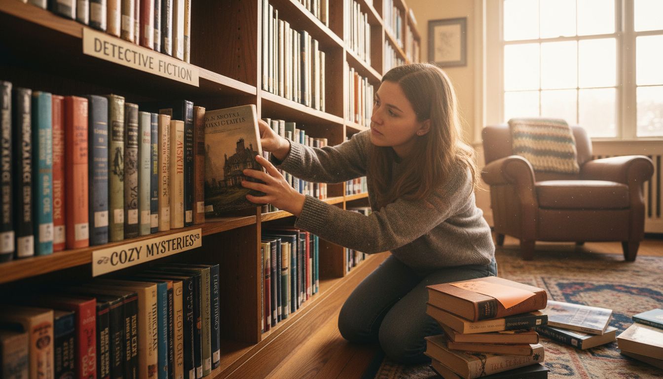 Woman selecting mystery novel from bookshelf