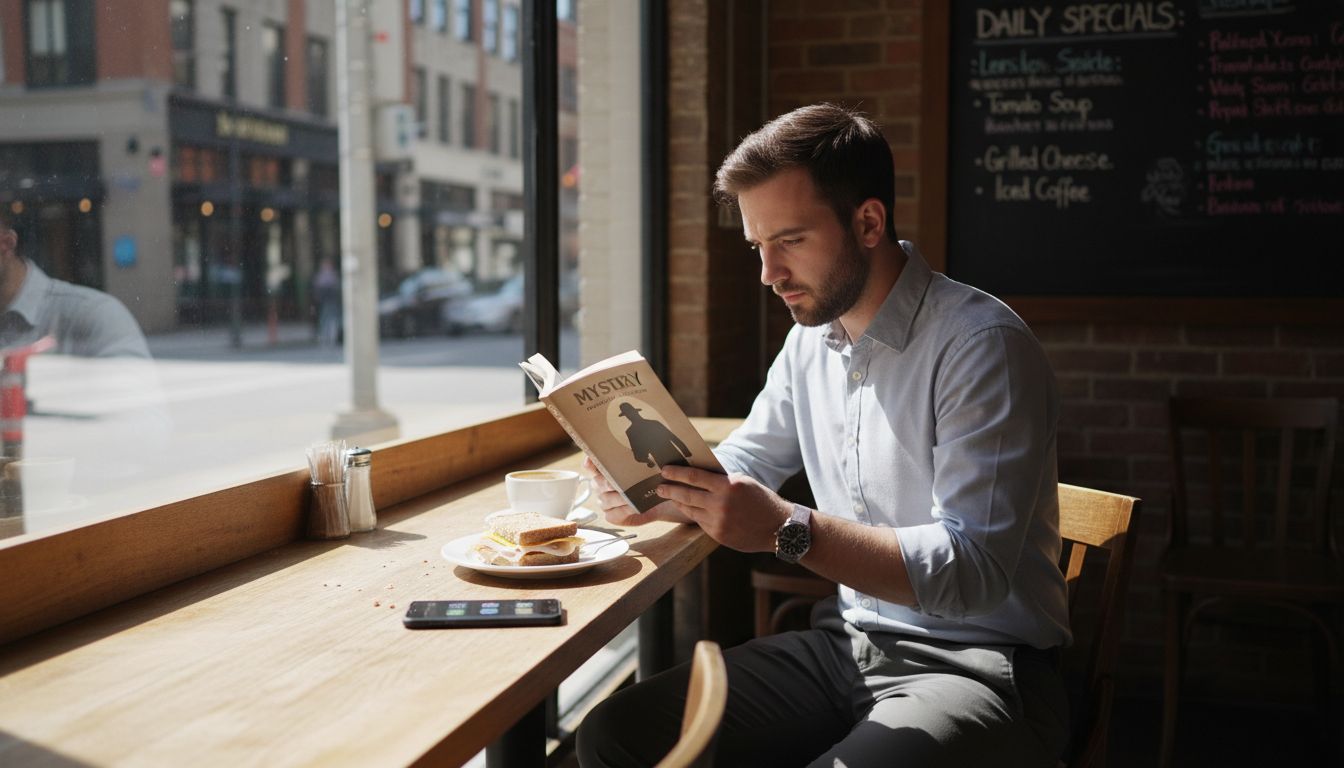 Man reading mystery novella in city café