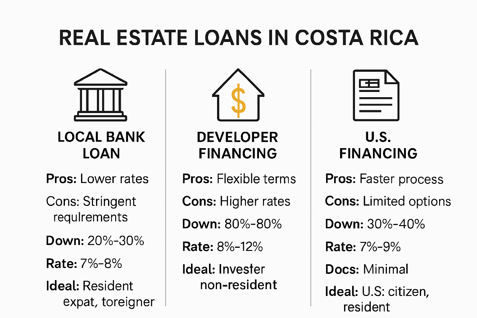 Comparison of real estate loan types in Costa Rica