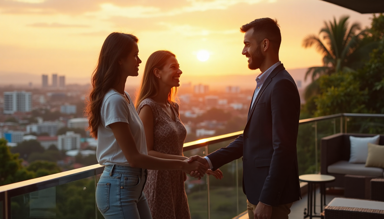 Expat couple and agent on Costa Rican home terrace at sunset