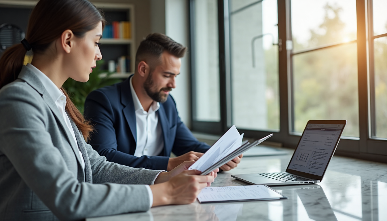 Investors reviewing loan and property documents in bright office