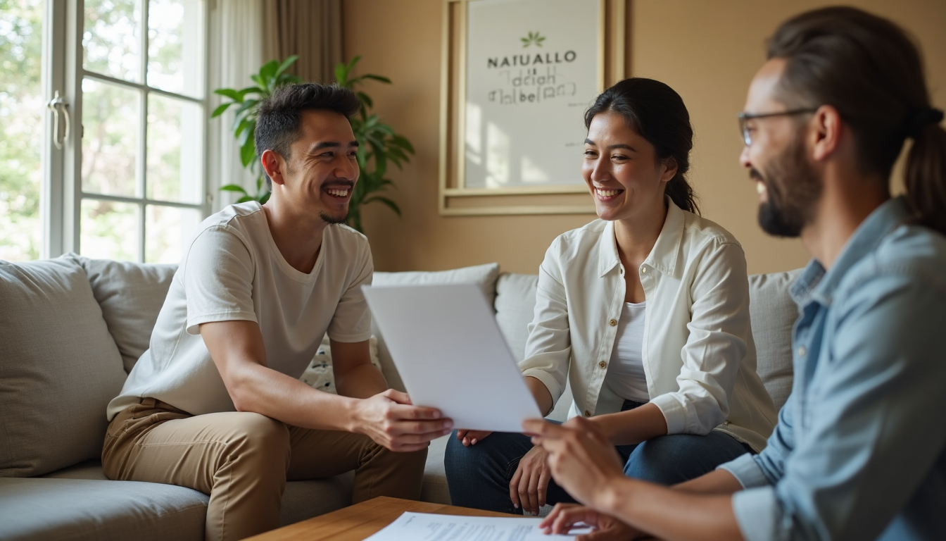 Borrower and lender share property documents in living room