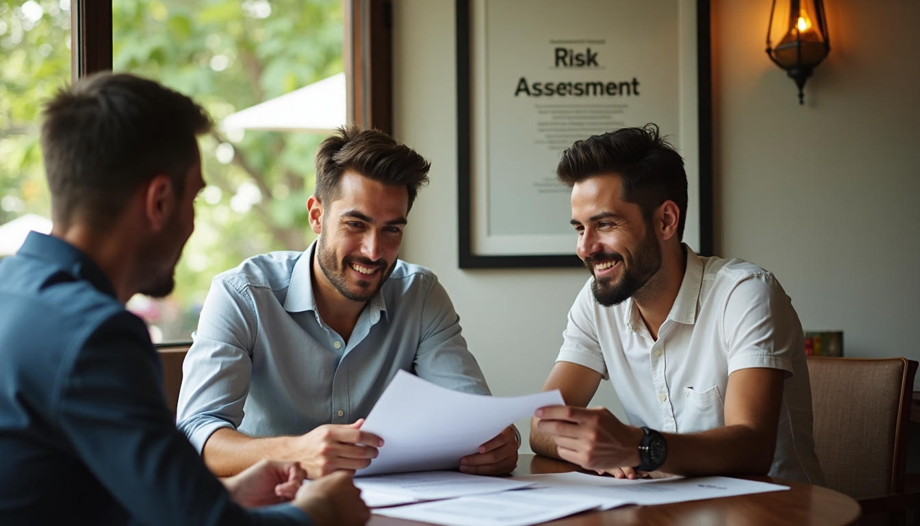 Professionals discussing risk assessment at Costa Rican café