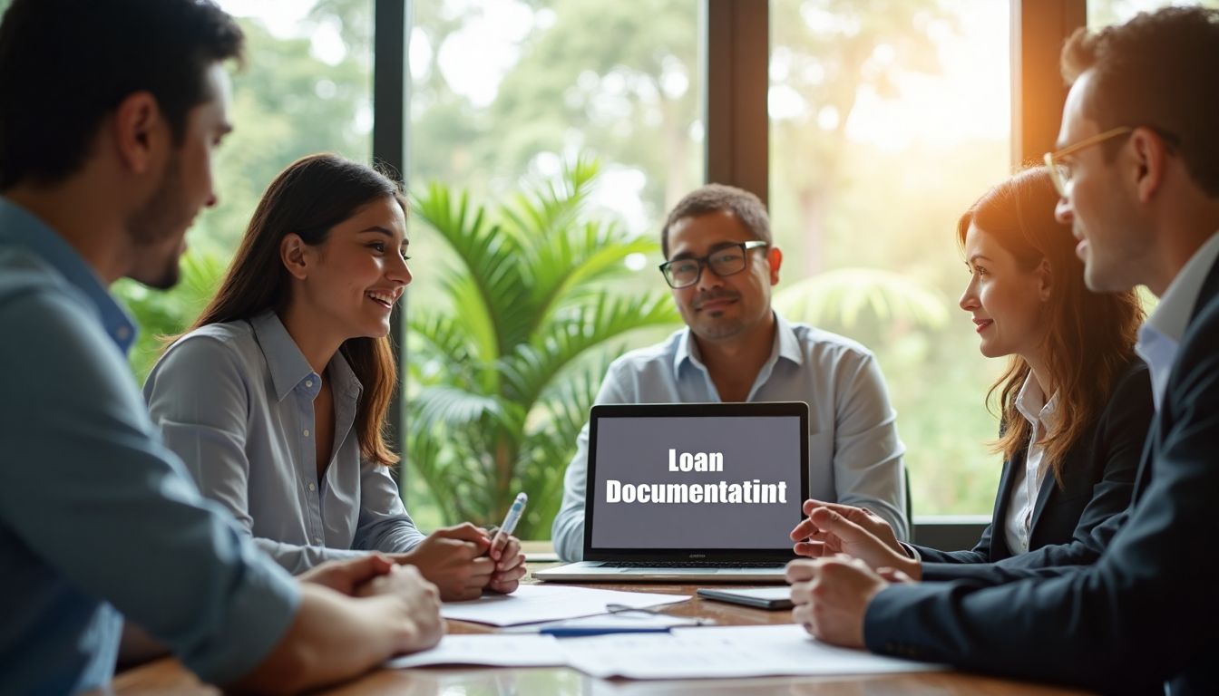 Investors and consultant reviewing loan documentation in Costa Rica office