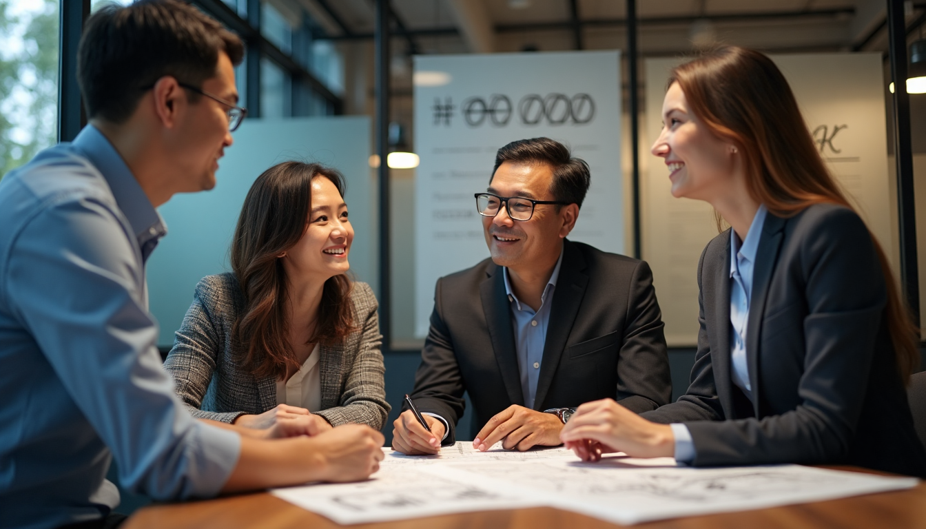 Investors and consultant review paperwork in office