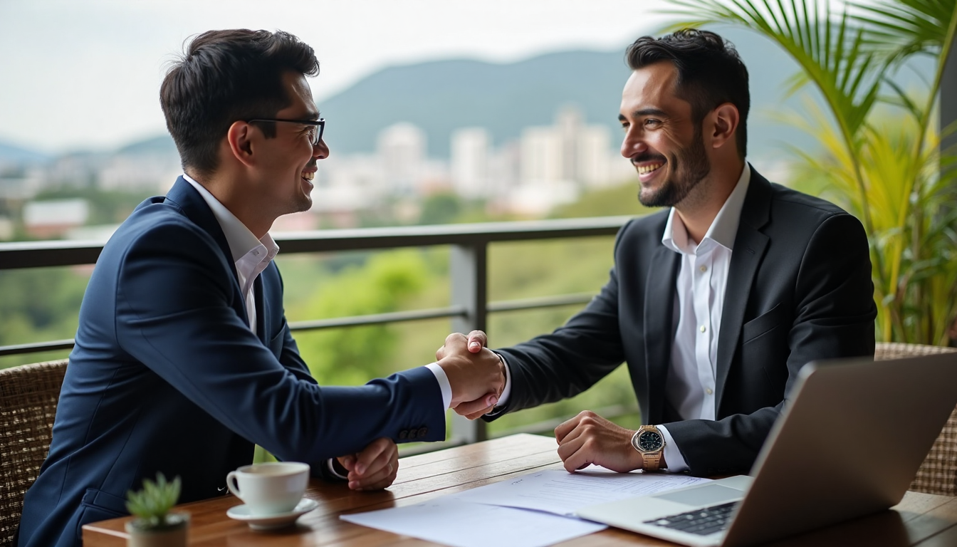 International and Costa Rican investors shaking hands over a contract with private lending text on laptop screen