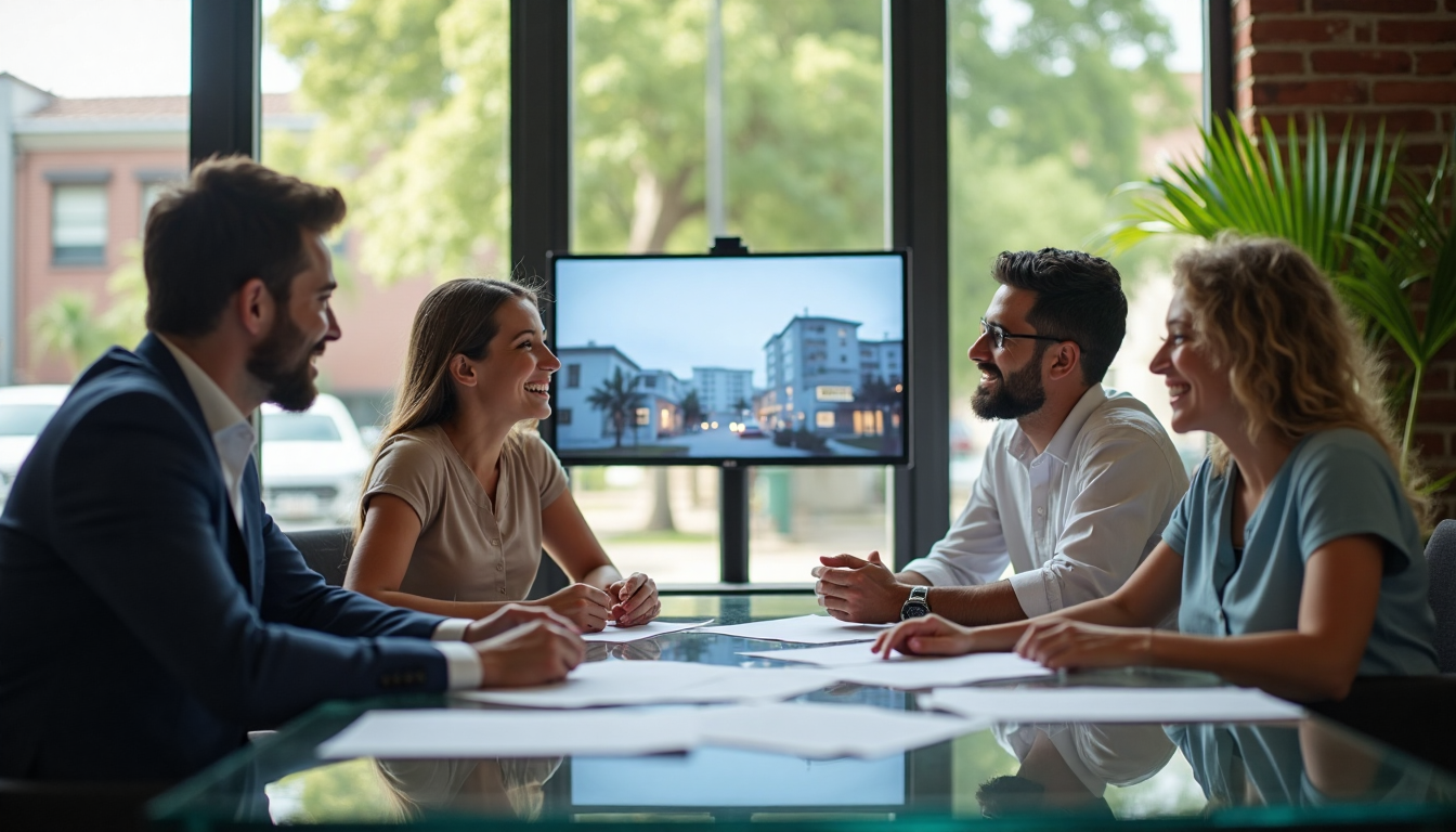 Bank manager and international clients meeting with streamlined process text on presentation screen