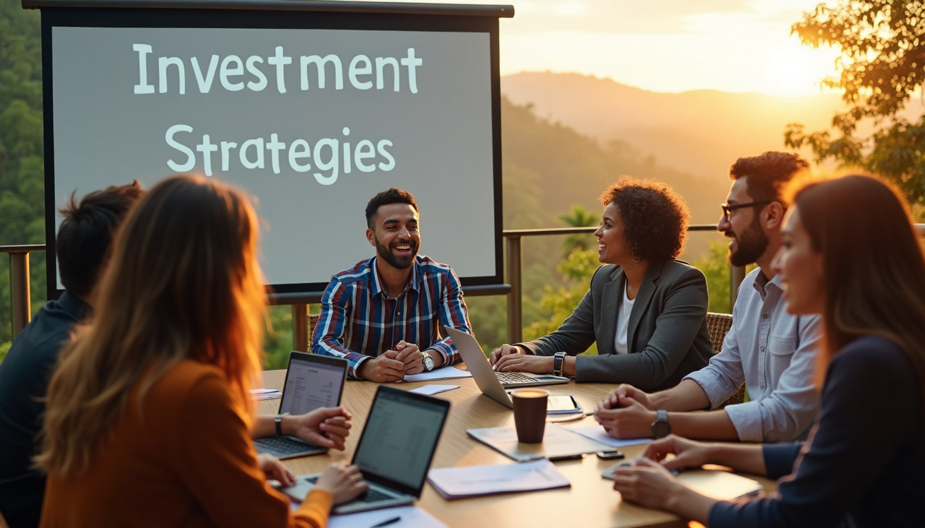 Investors discuss real estate strategies on Costa Rican terrace at sunrise