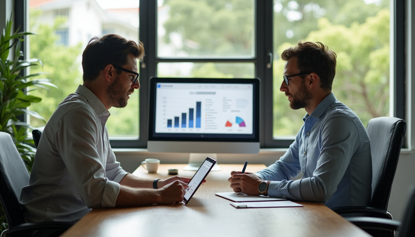 Professionals analyze portfolio diversification on digital desktop in sunlit office