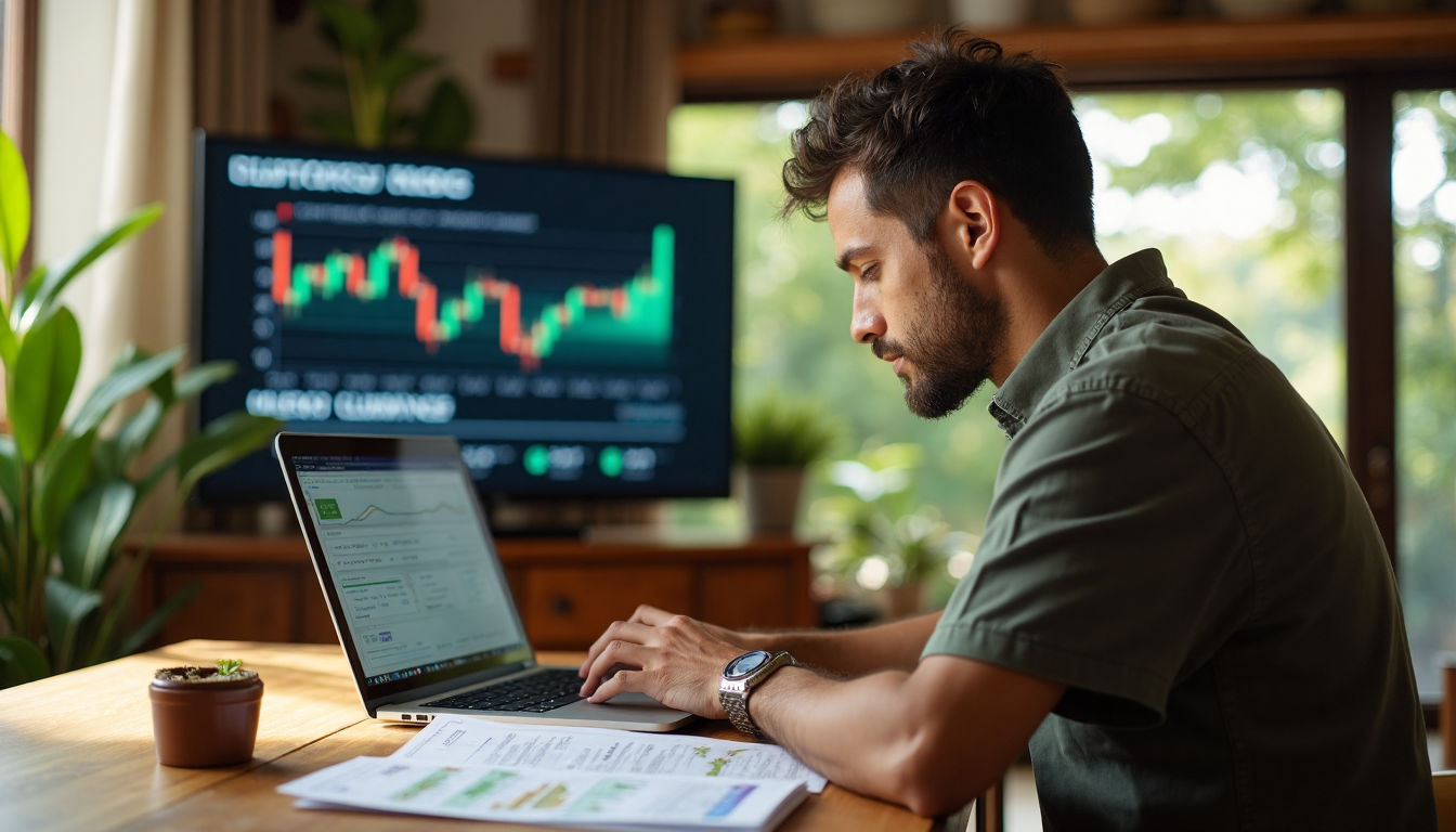 Investor checks currency data in Costa Rican home living room