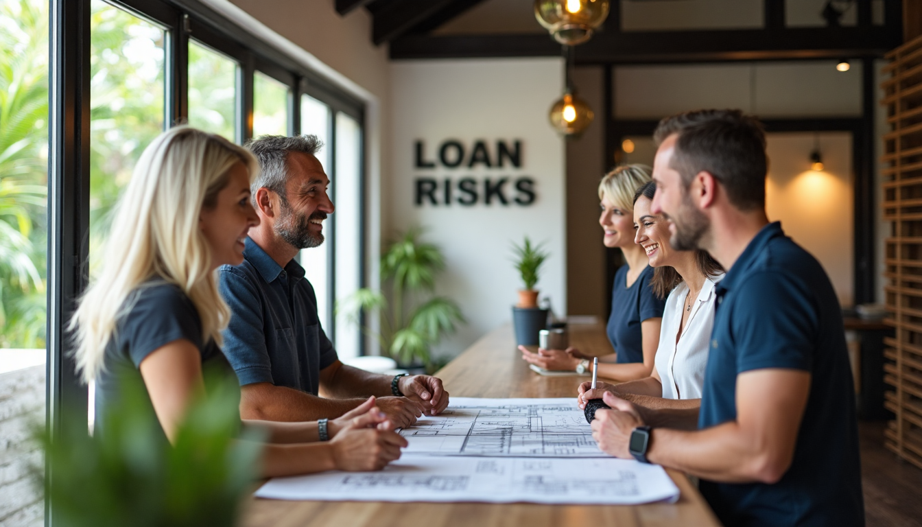 Expats and agents meet in tropical real estate office interior
