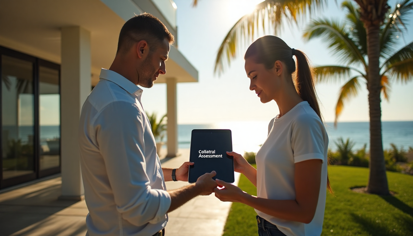 Appraisers evaluating beachfront property collateral with text on tablet
