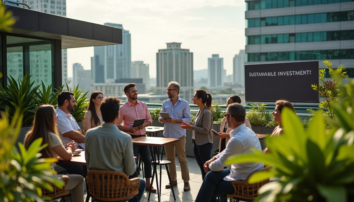 Professionals discuss on rooftop terrace, sustainable business district backdrop