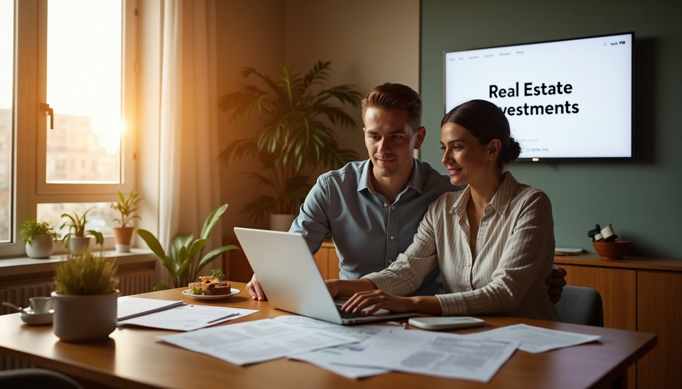 Couple discussing real estate investment portfolio in sunlit apartment