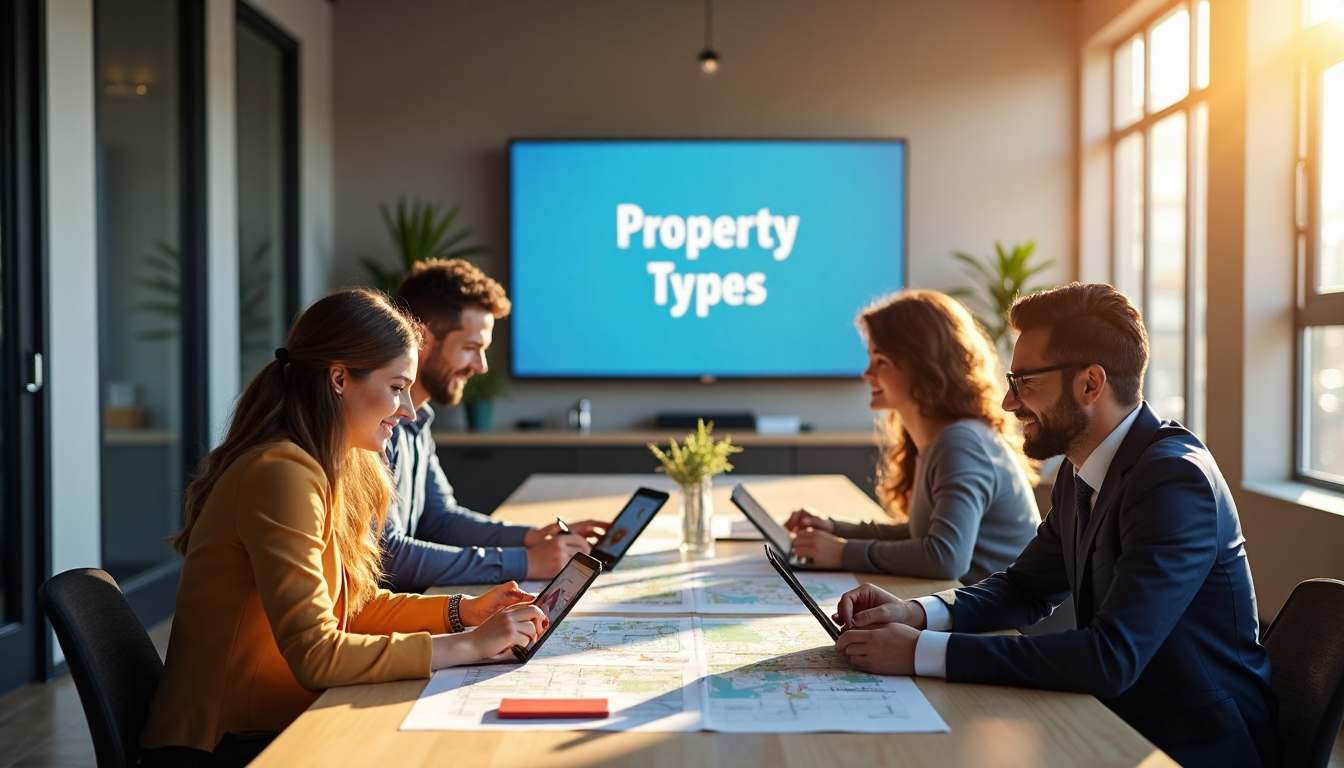 Investor team reviewing property types on tablets in coworking office