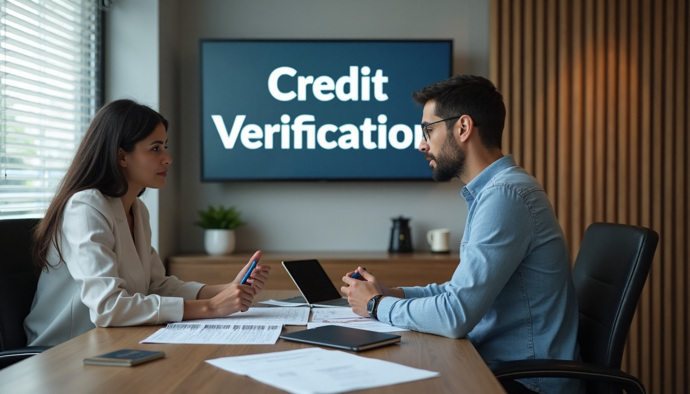 Advisor and expat reviewing credit documents in office