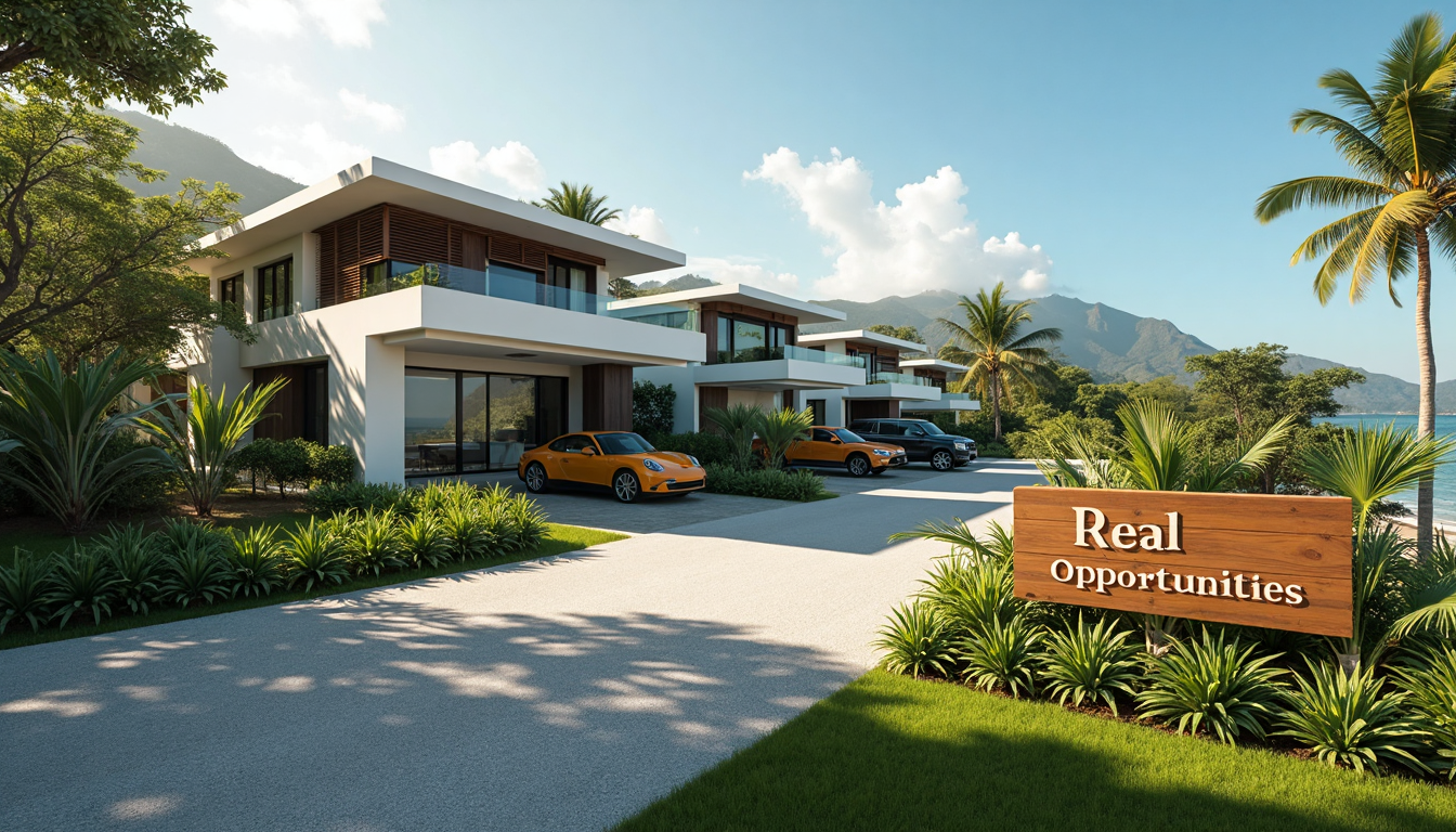 Eco-friendly Costa Rican coastal real estate with people and 'Real Opportunities' sign