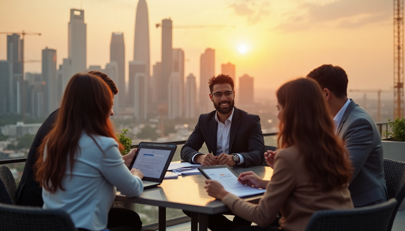 Expats and investors overlooking city skyline discussing investment returns