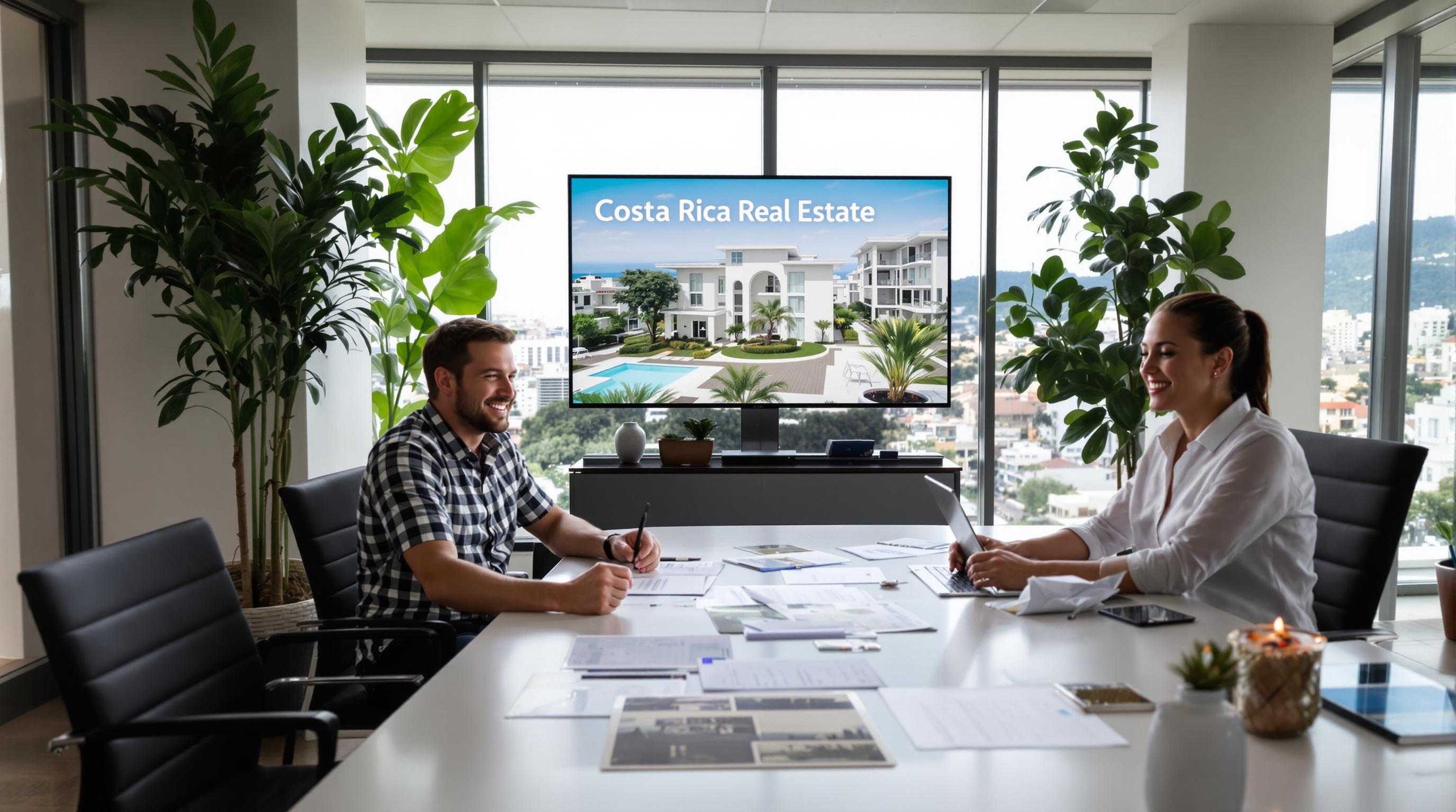 Investors and local agent negotiating property in modern Costa Rica office