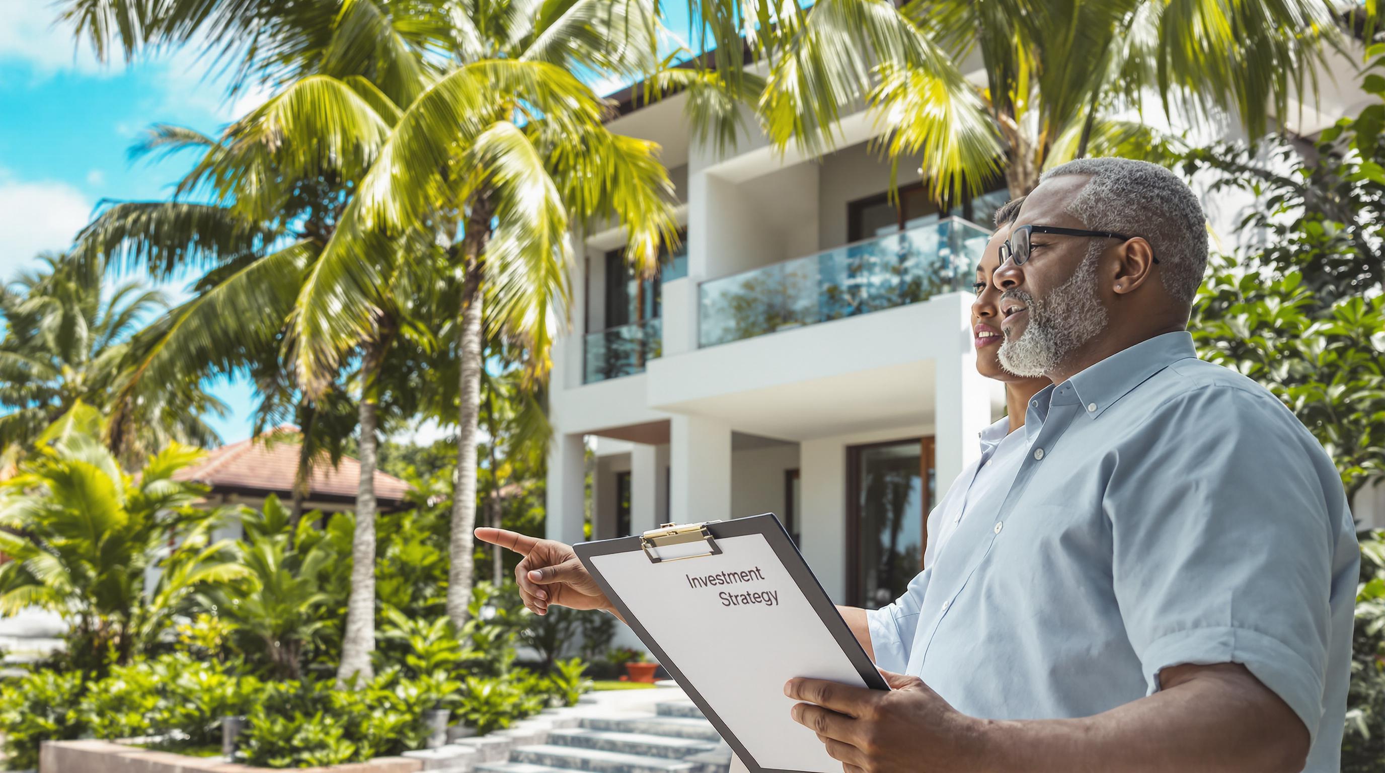 Couple and agent inspecting Costa Rica property, discussing investment