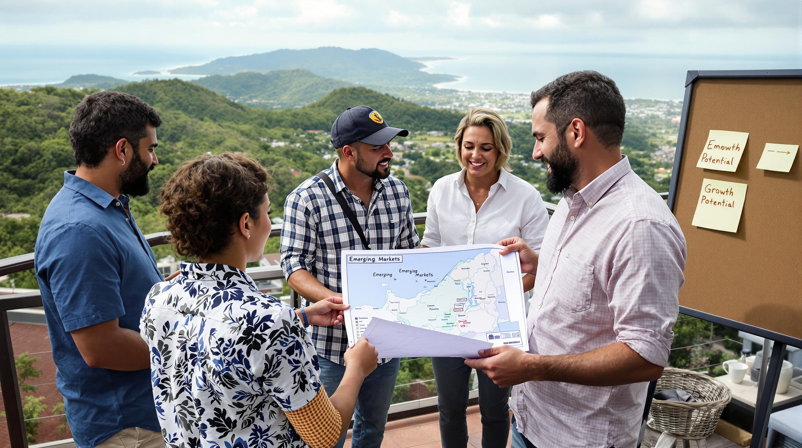 Investors and local consultant review Southern Zone blueprints with 'Growth Potential' on corkboard