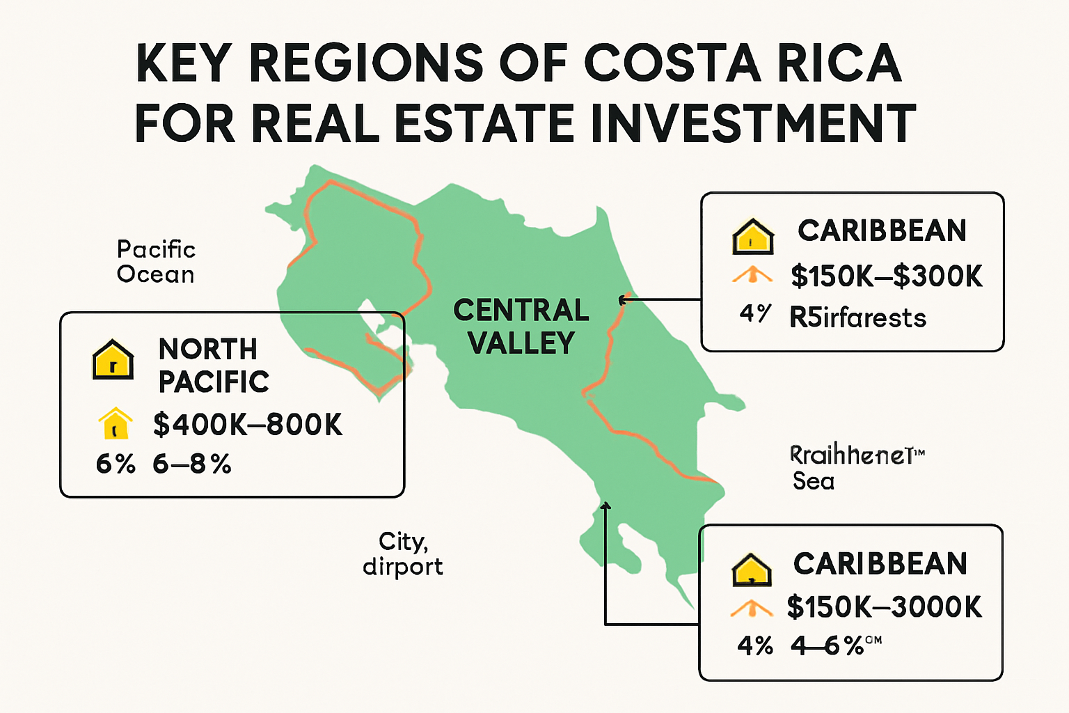 Map of Costa Rica with prime real estate locations and investment highlights