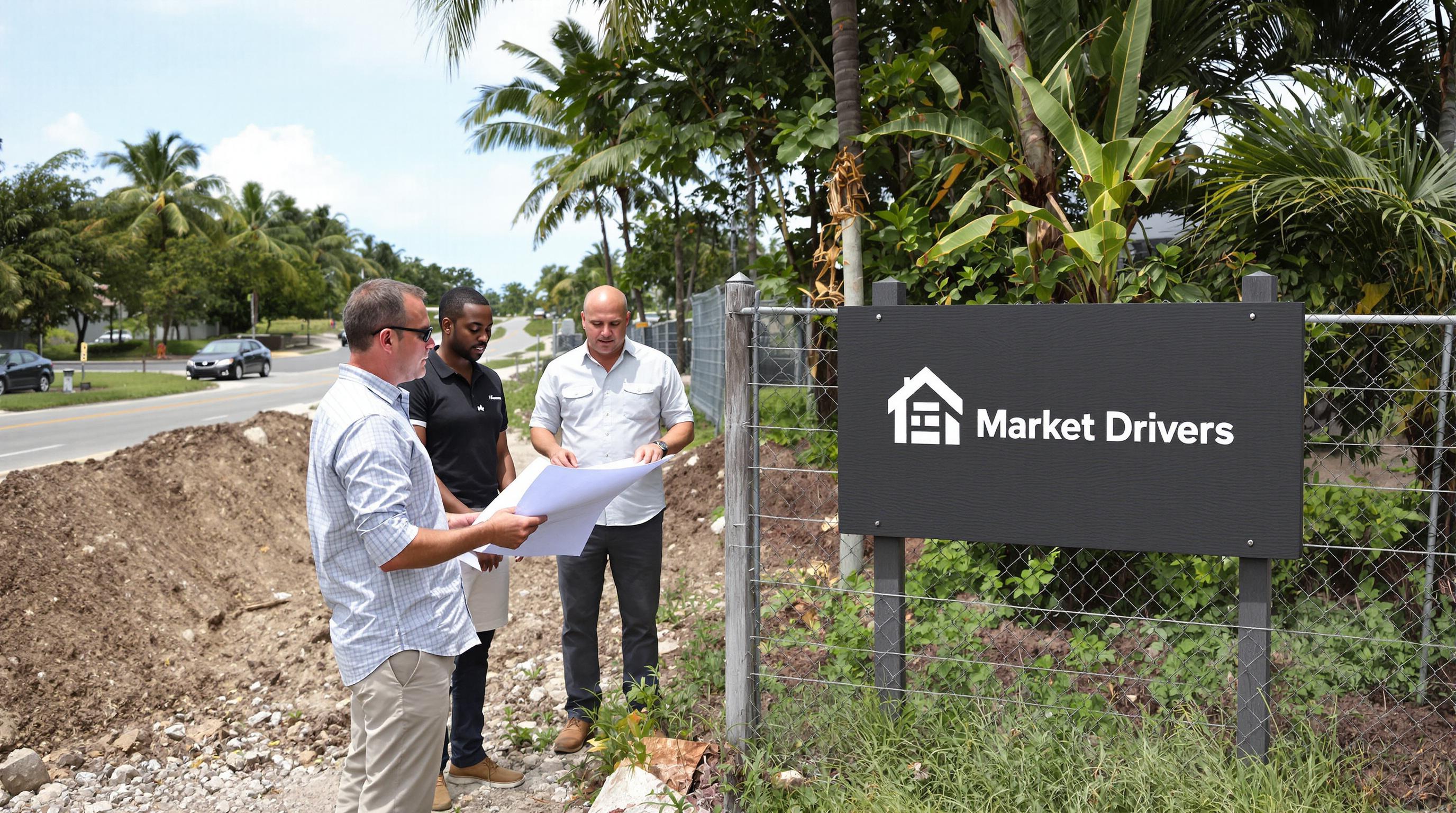 Investors with plans at Costa Rica site, sign reads Market Drivers
