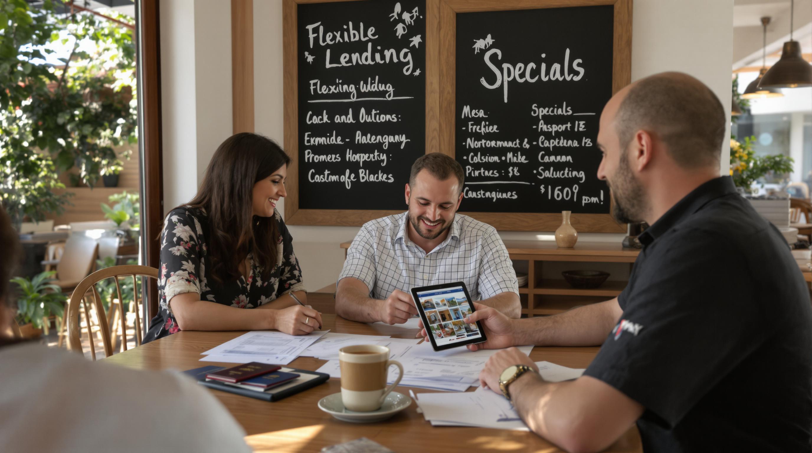 Expat couple meeting lender at Café for Costa Rican property loan