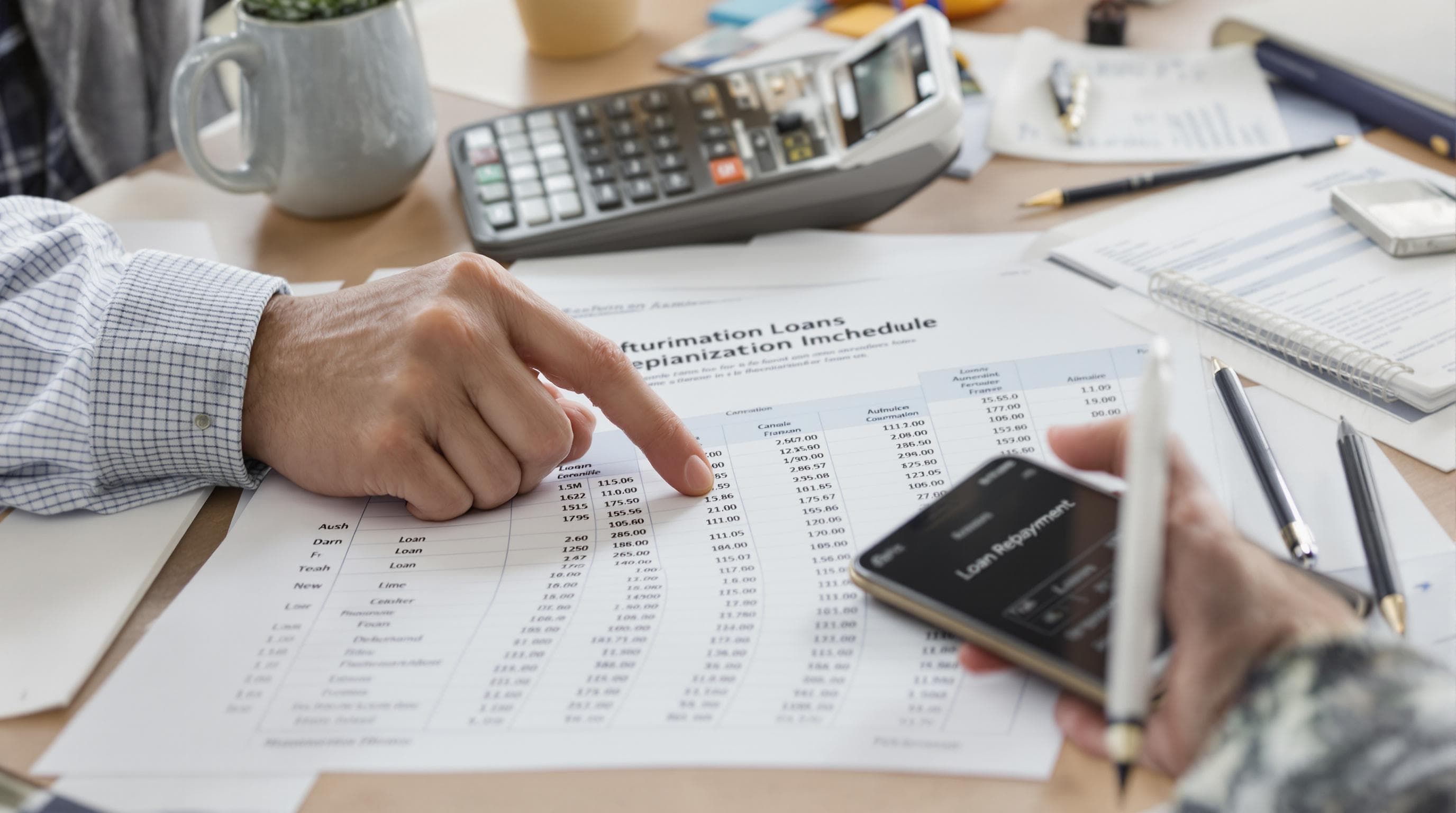 Investor reviewing amortization table and loan repayment options at a desk