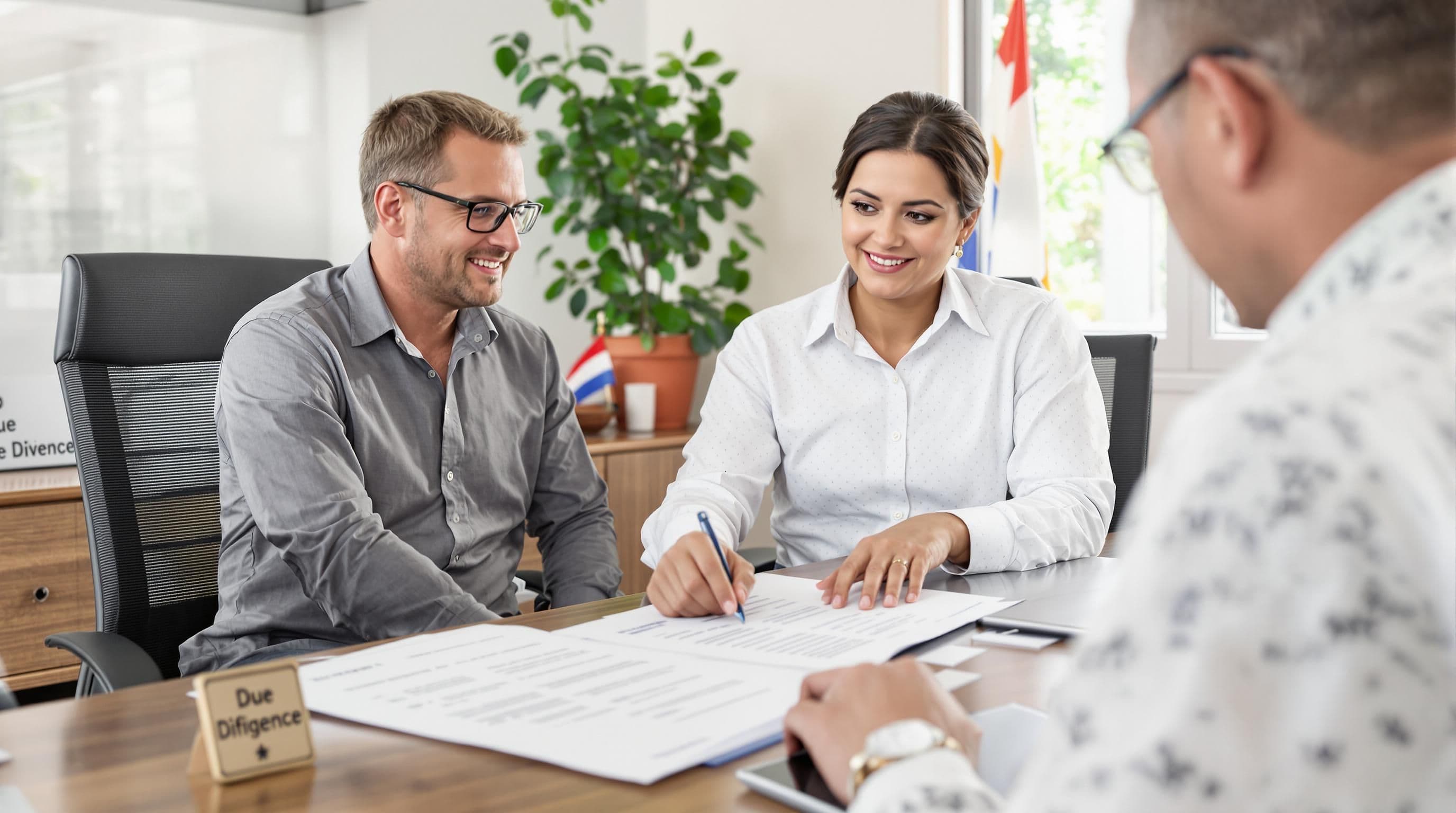 Expats and Costa Rican lawyer reviewing legal property documents in office