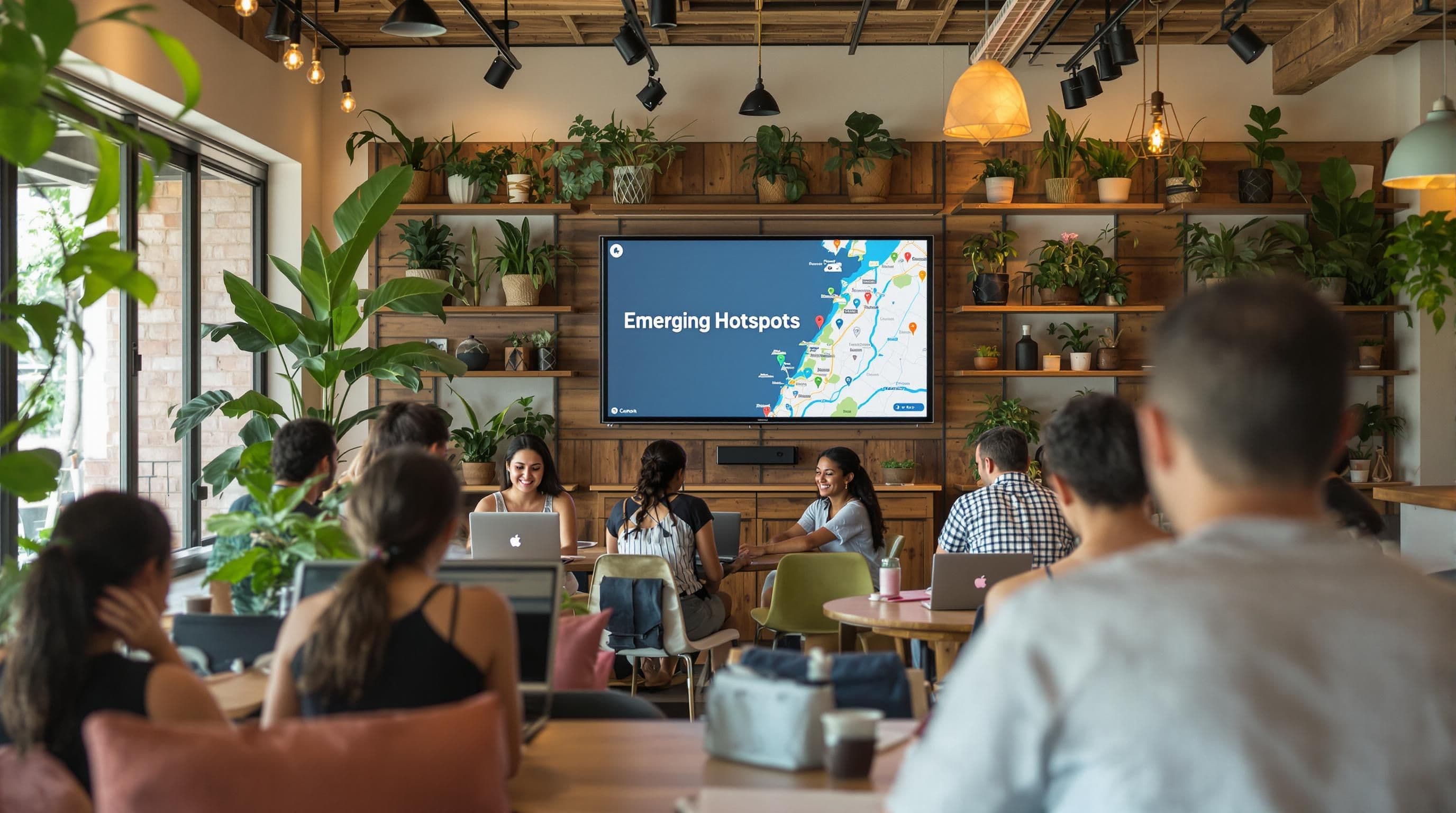 Digital nomads in Costa Rica coworking with hotspot map on screen