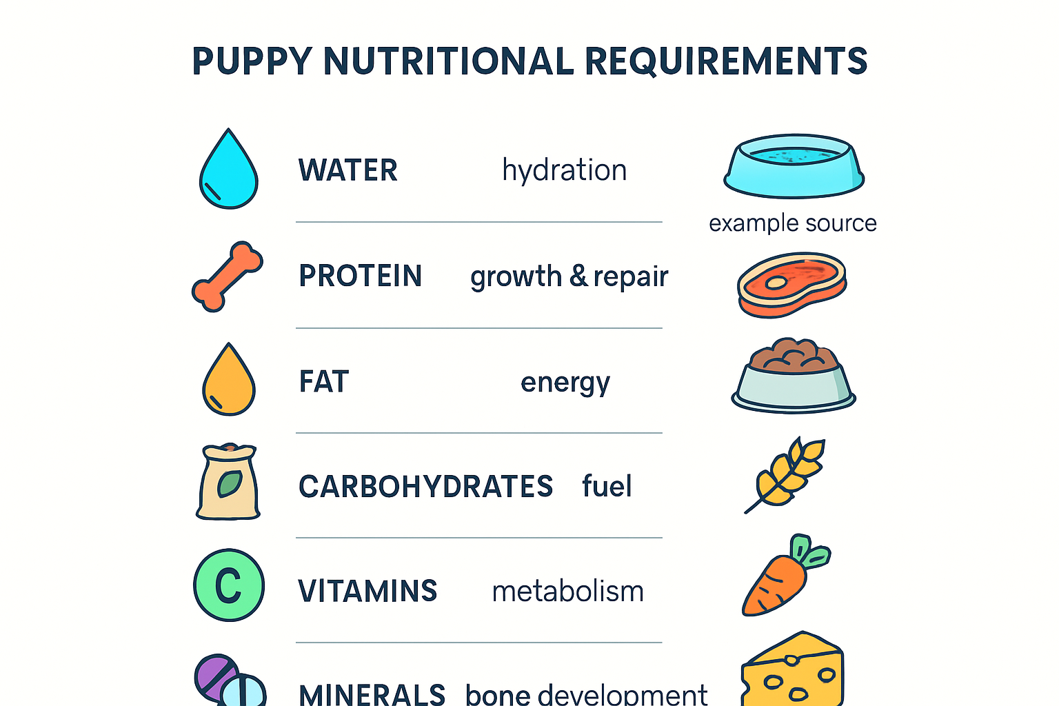 Infographic of key puppy nutrition needs and sources