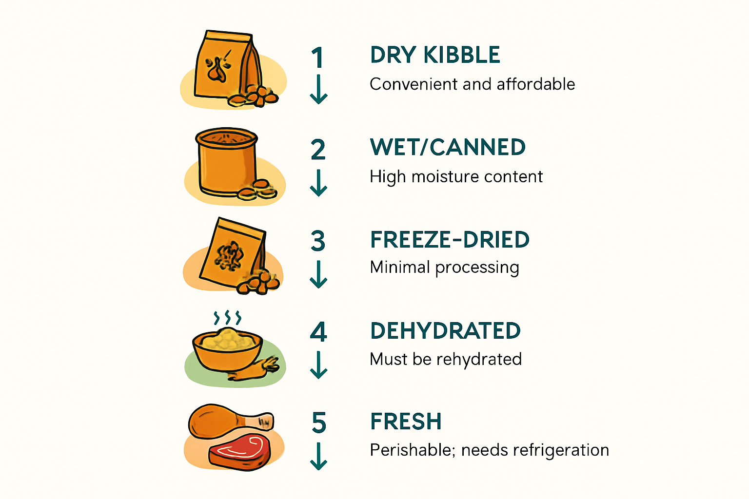 Visual comparison of different types of puppy food.