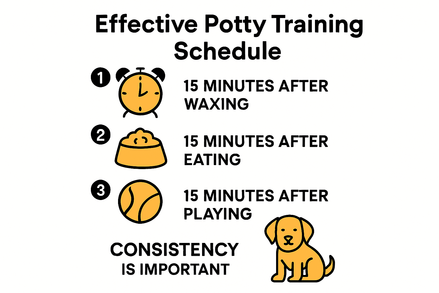 Infographic showing puppy potty training schedule.