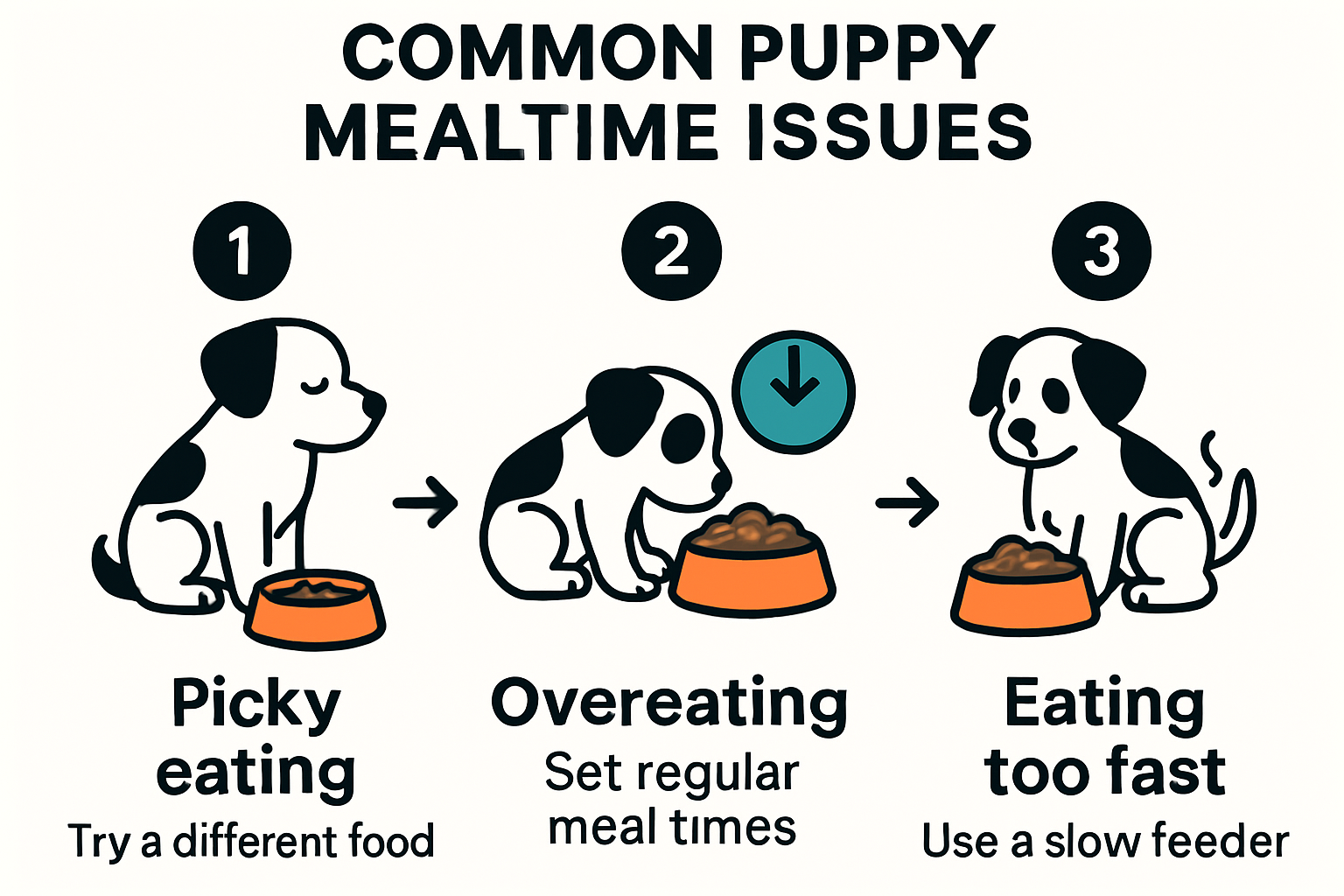 Infographic on common puppy mealtime challenges and solutions.