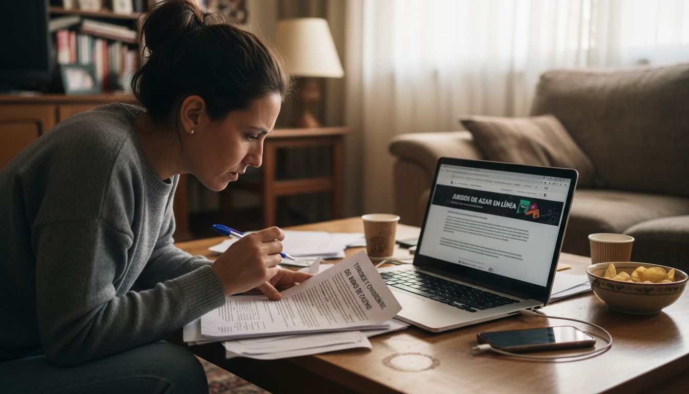 Mujer analizando y comparando las condiciones de los bonos en distintos casinos online