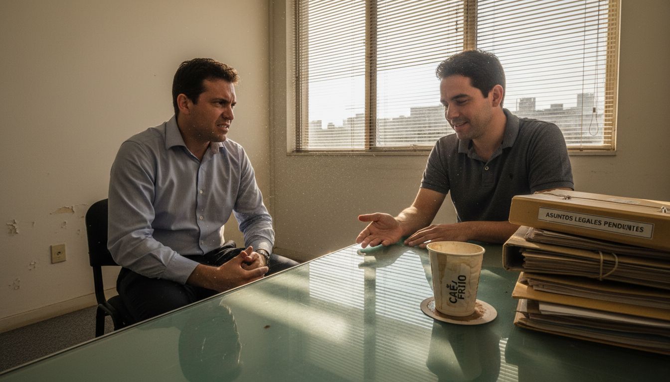 Dos hombres conversan en una oficina prácticamente vacía.