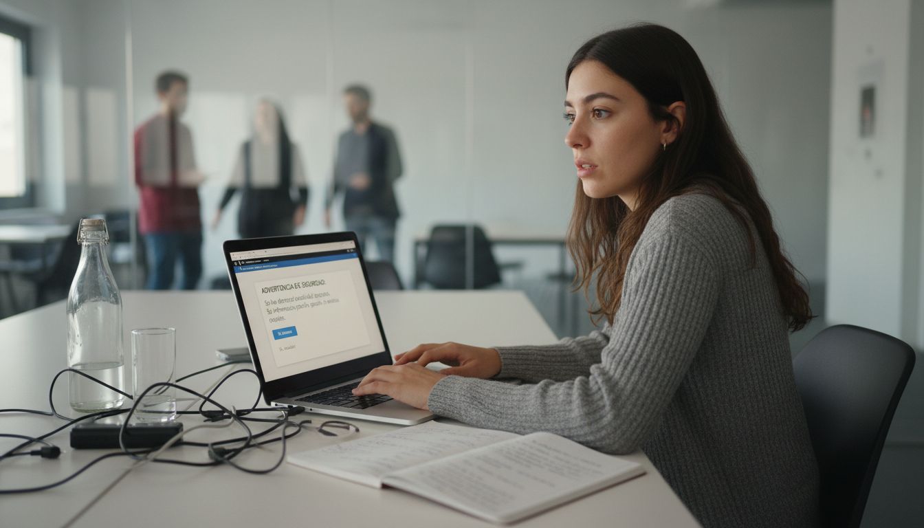 Mujer revisando una advertencia de seguridad en un casino online